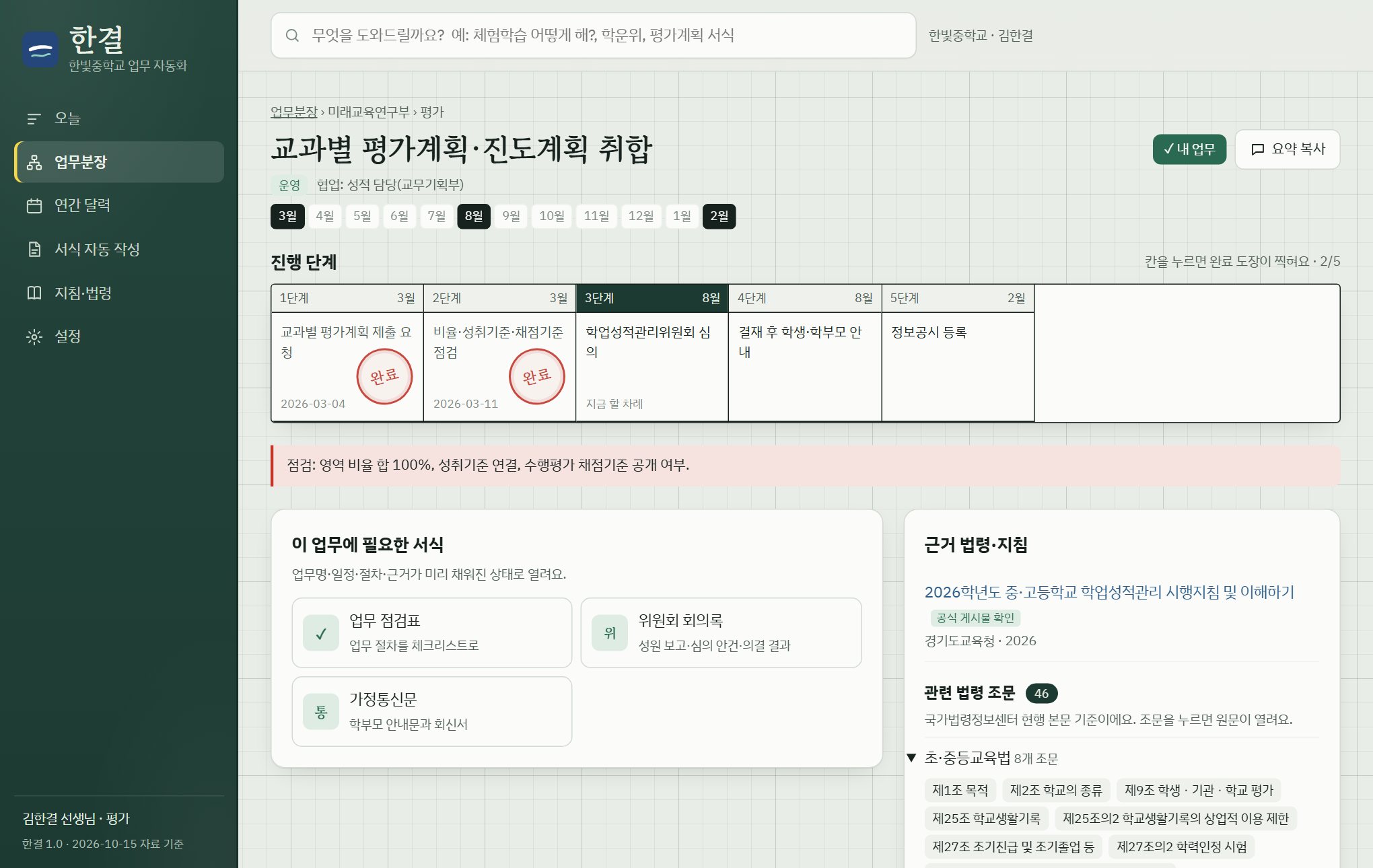 업무 상세 화면: 단계별 절차와 관련 법령 조문