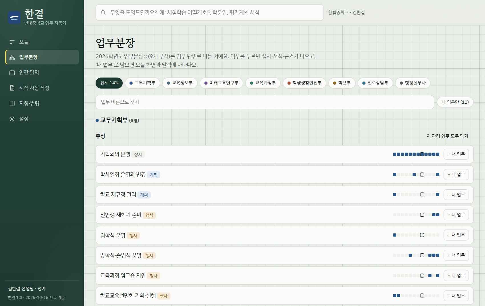 업무분장 화면